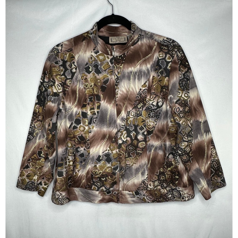 Life Style Woman Brown Geometric Gold Foil Zip Mock Neck Jacket 1X Cotton